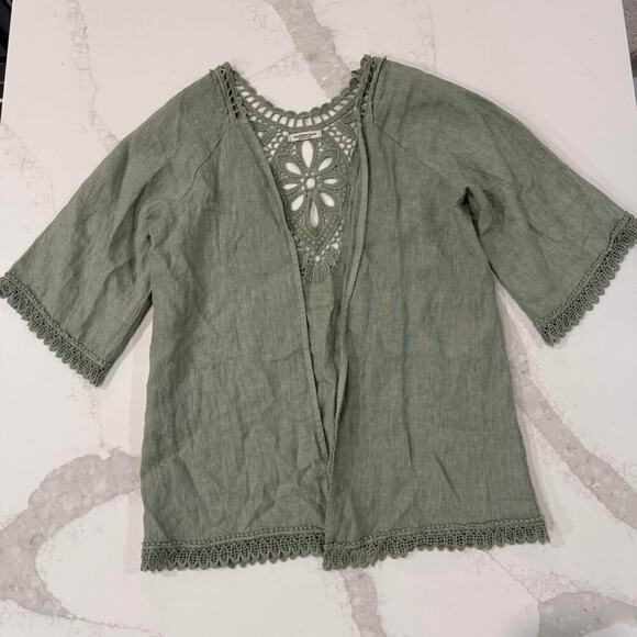 Valentina Naldi Jackets & Blazers - Valentina Naldi Italy OpenFront Linen Crochet Kimono Jacket Womens OS Sage Green